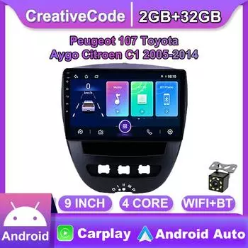 Автомобильный мультимедийный плеер Android 2 Din для Peugeot 107 Toyota Aygo Citroen C1 2005-2014, головное устройство, стерео Carplay, GPS-навигация, BT, WIFI, 2 + 32 ГБ 1+16GB