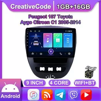 Автомобильный мультимедийный плеер Android 2 Din для Peugeot 107 Toyota Aygo Citroen C1 2005-2014, головное устройство, стерео GPS-навигация, BT, WIFI, 1 + 16 ГБ