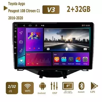 Автомобильный мультимедийный плеер Android 2 Din для Toyota Aygo Peugeot 108 Citroen C1 2016-2020, головное устройство, стерео Carplay, GPS-навигация, BT, WIFI, 2 + 32 ГБ 1+16GB