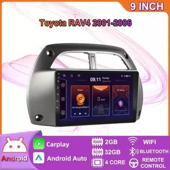 Автомобильный мультимедийный плеер Android 2 Din для Toyota RAV4 2001-2006, головное устройство, стерео Carplay, GPS-навигация, BT, WIFI, 2 + 32 ГБ 2+32GB