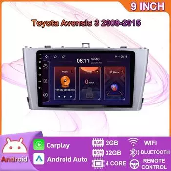 Автомобильный мультимедийный плеер Android 2 Din для Toyota Avensis 3 2008-2015, головное устройство, стерео Carplay, GPS-навигация, BT, WIFI, 2 + 32 ГБ 2+32GB