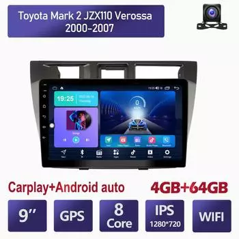 Автомобильный мультимедийный плеер Android 2 Din для Toyota Mark 2 JZX110 Verossa 2000-2007, головное устройство, стерео Carplay, GPS-навигация, BT, WIFI, 4 + 64 ГБ 2+32GB