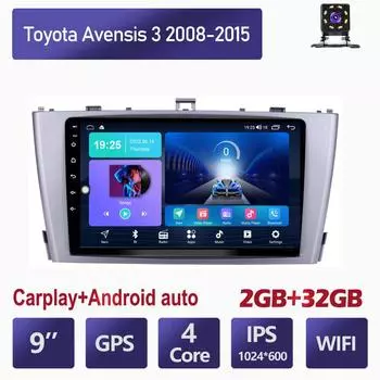 Автомобильный мультимедийный плеер Android 2 Din для Toyota Avensis 3 2008-2015, головное устройство, стерео Carplay, GPS-навигация, BT, WIFI, 2 + 32 ГБ 1+16GB