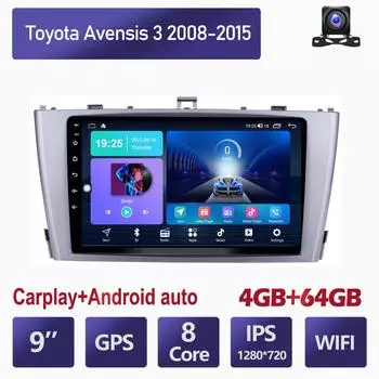 Автомобильный мультимедийный плеер Android 2 Din для Toyota Avensis 3 2008-2015, головное устройство, стерео Carplay, GPS-навигация, BT, WIFI, 4 + 64 ГБ 2+32GB
