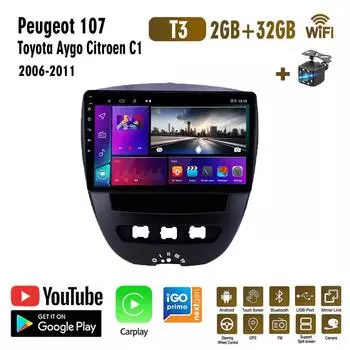 Автомобильный мультимедийный плеер Android 2 Din для Peugeot 107 Toyota Aygo Citroen C1 2005-2014, головное устройство, стерео Carplay, GPS-навигация, BT, WIFI, 2 + 32 ГБ 1+16GB