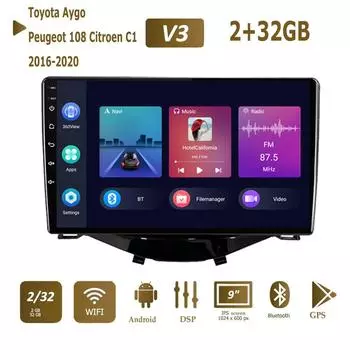 Автомобильный мультимедийный плеер с Android 2 Din для Toyota Aygo Peugeot 108 Citroen C1 2016-2020, головное устройство, стерео Carplay, GPS-навигация, BT, WIFI 1+16GB