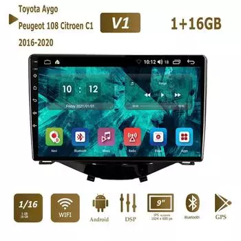 Автомобильный мультимедийный плеер с Android 2 Din для Toyota Aygo Peugeot 108 Citroen C1 2016-2020, головное устройство, стерео GPS-навигация, BT, WIFI, 1 + 16 ГБ