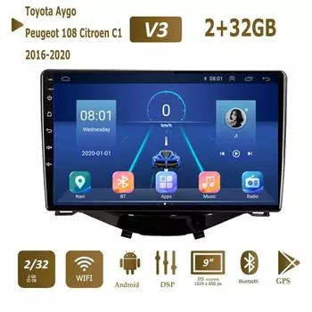 Автомобильный мультимедийный плеер с Android 2 Din для Toyota Aygo Peugeot 108 Citroen C1 2016-2020, головное устройство, стерео Carplay, GPS-навигация, BT, WIFI 1+16GB