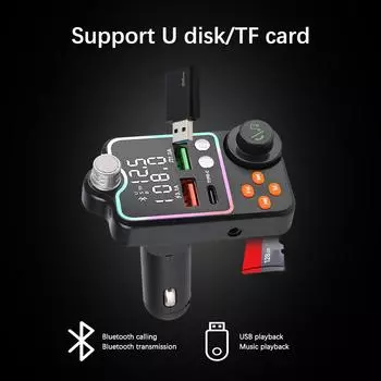 Автомобильный музыкальный приемник FM-передатчик MP3-плеер Type C Dual USB Автомобильное зарядное устройство FM-модулятор Беспроводной 5.0 комплект громкой связи для автомобиля чёрный