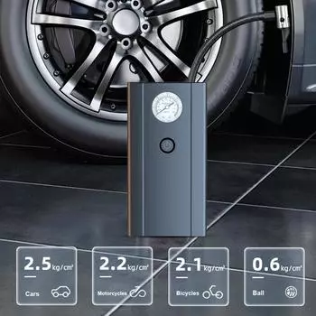 Автомобильный насос для накачивания шин, портативный автомобильный автоматический электрический воздушный компрессор для мотоцикла, велосипеда, надувной с автомобильными аксессуарами чёрный