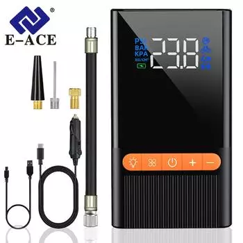 Автомобильный насос E-ACE 9200PA — это портативный насос с портом Type-C, оснащенный щеточными и плоскими насадками для различных условий эксплуатации.
