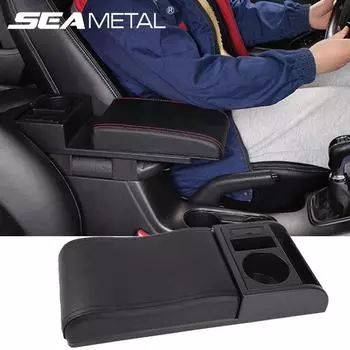 Автомобильный подлокотник SEAMETAL с подстаканником, универсальный ящик для хранения из искусственной кожи, мягкая подушка для локтя, многофункциональный подвижный подлокотник для автомобиля Type A чёрный