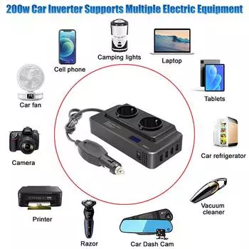 Автомобильный преобразователь постоянного тока 12 В в переменный ток 220 В мощностью 200 Вт, автомобильный инвертор с 4 портами USB, зарядное устройство, автомобильный инвертор с вилкой европейского стандарта