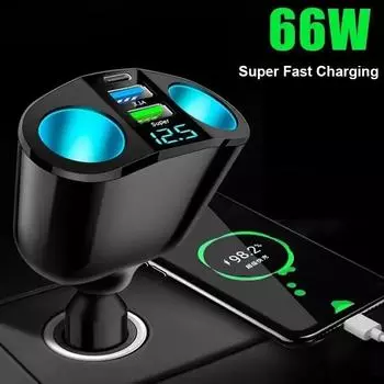 Автомобильный прикуриватель 12 В-24 В, разветвитель розетки, синяя атмосфера, свет PD QC3.0, 2 USB-зарядных устройства с портами C для зарядки мобильного телефона, видеорегистратора