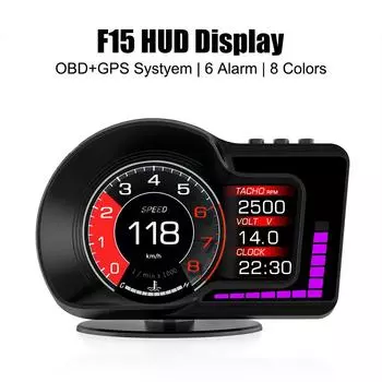 Автомобильный проекционный дисплей OBD GPS Двойная система HUD 6 функций сигнализации Датчик оборотов F15 8 цветов Спидометр Ускоренный тестовый милометр чёрный