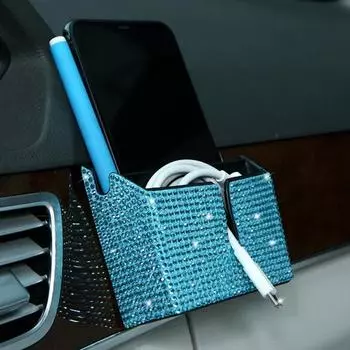 Автомобильный ящик для хранения, защита от падения, 2 отделения, водонепроницаемая паста, защита от царапин, инкрустированный стразами, автомобильный телефон белый