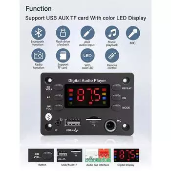 Автомобильный радиомодуль беспроводной Bluetooth 5.3 WMA декодер плата USB TF FM AUX 12 В поддержка микрофона для караоке Mp3-плеер динамик