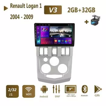 Автомобильный радиоприемник Android 12 для Renault Logan 1 2004-2009, мультимедийный плеер с навигацией, беспроводной Carplay GPS 2 Din 2 + 32 ГБ 1+16GB