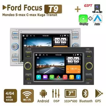 Автомобильный радиоприемник Android Multimedia Player для Ford Focus 2007 Mondeo S-max C MAX Kuga Galaxy Fiesta Transit Fusion 2 Din Carplay GPS Autoradio WiFi 4+64 ГБ 2+32GB чёрный