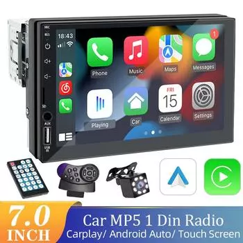 Автомобильный радиоприемник CarPlay Android Auto 1 Din Bluetooth HD 7-дюймовый сенсорный экран Мультимедиа FM ISO Питание Aux Вход Bluetooth USB Зеркальная связь Radio Only