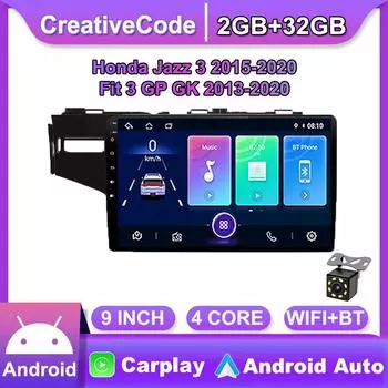 Автомобильный радиоприемник Carplay для Honda Jazz 3 2015-2020 Fit 3 GP GK 2013-2020 Android мультимедийный видеоплеер GPS-навигация WIFI 2 + 32 ГБ 1+16GB