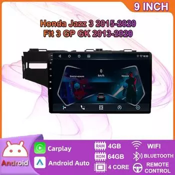 Автомобильный радиоприемник Carplay для Honda Jazz 3 2015-2020 Fit 3 GP GK 2013-2020 Android мультимедийный видеоплеер GPS-навигация WIFI 4 + 64 ГБ 2+32GB