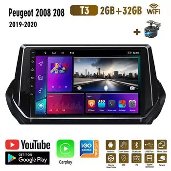 Автомобильный радиоприемник GPS-навигационная система для Peugeot 2008 208 2019 2020 2 Din Android WiFi автомобильный мультимедийный плеер авто стерео FM-радио головное устройство 2 + 32 ГБ 1+16GB