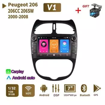Автомобильный радиоприемник мультимедийный проигрыватель для PEUGEOT 206 206CC 206SW 2000-2008 2 Din Android Carplay GPS Авторадио 1+32 ГБ A чёрный