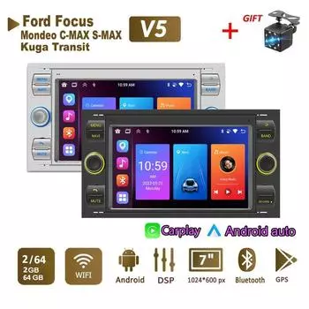 Автомобильный радиоприемник мультимедийный проигрыватель для Ford Focus 2007 Mondeo S-max C MAX Kuga Galaxy Fiesta Transit Fusion 2 Din Android Carplay GPS Autoradio 2+64 ГБ 1+32GB чёрный