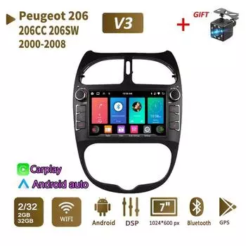 Автомобильный радиоприемник мультимедийный проигрыватель для PEUGEOT 206 206CC 206SW 2000-2008 2 Din Android Carplay GPS Авторадио 2+32 ГБ 1+32GB,A чёрный