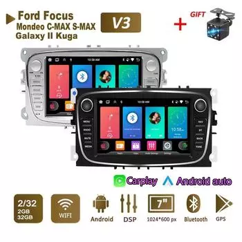 Автомобильный радиоприемник мультимедийный проигрыватель для Ford Focus Mondeo C-MAX S-MAX Galaxy II Kuga 2 Din Android Carplay GPS Autoradio 2+32 ГБ 1+32GB чёрный