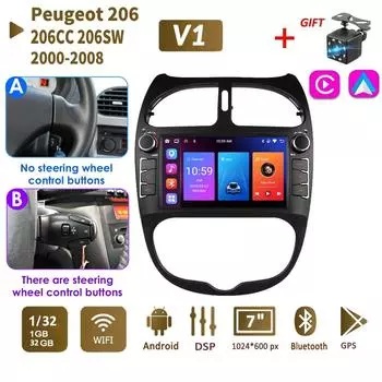 Автомобильный радиоприемник на базе Android 2 DIN для PEUGEOT 206 206CC 206SW 2000-2008, автоматический мультимедийный плеер, Wi-Fi, GPS, авторадио Carplay Navi 1 + 32 ГБ A