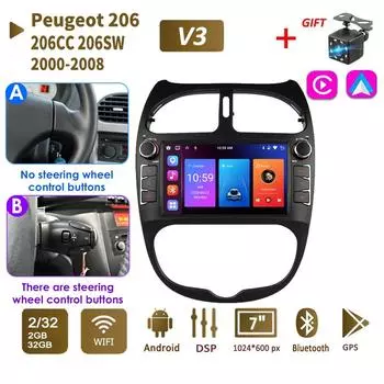 Автомобильный радиоприемник на базе Android 2 DIN для PEUGEOT 206 206CC 206SW 2000-2008, автоматический мультимедийный плеер, Wi-Fi, GPS, авторадио Carplay Navi 2 + 32 ГБ 1+32GB,A