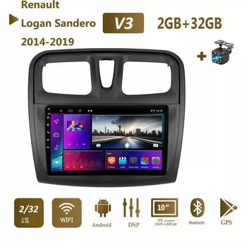 Автомобильный радиоприемник с Wi-Fi, мультимедийный видеоплеер для Renault Logan 2 Sandero 2 2014-2019, 2 Din, GPS-навигация, стерео Carplay 2 + 32 ГБ 1+16GB