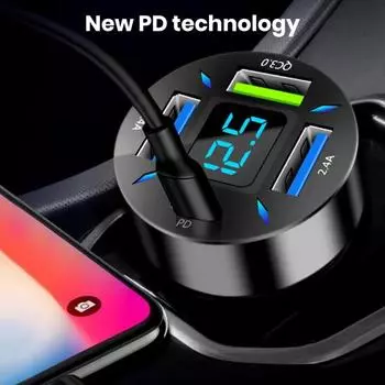 Автомобильный супермощный автомобиль мощностью 66 Вт с быстрым зарядным устройством USB 4 порта дисплея Светодиодный аккумулятор реального времени A