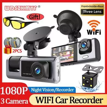 Автомобильный видеорегистратор 1080P с 3 камерами, видеорегистратор для автомобилей, видеорегистратор с Wi-Fi, камера заднего вида для автомобиля, черный ящик, автомобильный аксессуар, бесплатные солнцезащитные очки NONE