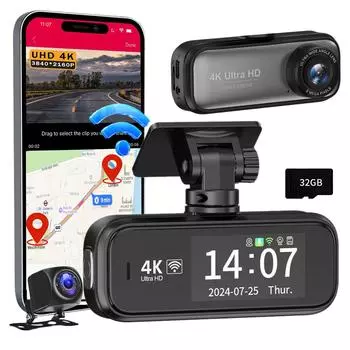 Автомобильный видеорегистратор 4K с двумя камерами, DVR, 2-дюймовым приложением Wi-Fi, видеорегистратором, камерой заднего вида, GPS-монитором парковки, черным ящиком