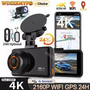 Автомобильный видеорегистратор 4K WIFI GPS DashCam для автомобильного видеорегистратора Камера переднего и заднего вида Ночное видение Черный ящик Круглосуточная парковка Автомобильные аксессуары NONE