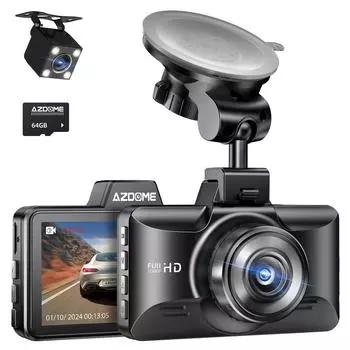 Автомобильный видеорегистратор AZDOME M01 Pro с 2 камерами переднего и заднего вида, разрешение 1080P, 3-дюймовый IPS-экран с картой памяти 64 ГБ, ночное видение, ADAS G-сенсор, круглосуточный режим парковки