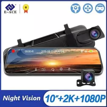 Автомобильный видеорегистратор E-ACE, 10-дюймовый сенсорный экран, потоковое зеркало заднего вида, видеорегистратор 1080P, поддержка заднего вида Single lens