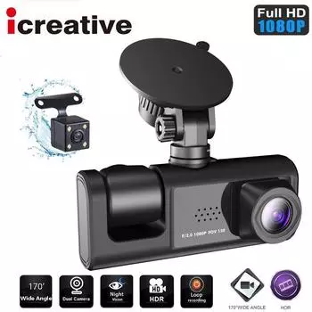 Автомобильный видеорегистратор Icreative, 3 камеры, Full HD 1080P, двойной объектив, автомобильный видеорегистратор, 2,0-дюймовый IPS-экран, передняя и задняя камера записи