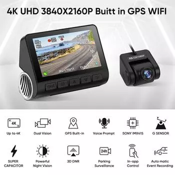 Автомобильный видеорегистратор Передняя задняя видеокамера 4K/1080P Автомобильный видеорегистратор Видеорегистратор 170° Широкоугольный WDR APP WiFi чёрный