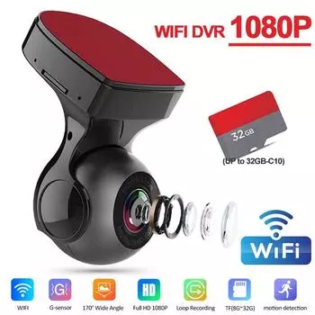 Автомобильный видеорегистратор с Wi-Fi, регистратор для вождения, 1080P HD, 170 °, широкоугольная циклическая запись, датчик ночного видения G для мобильного телефона, видеорегистратор чёрный