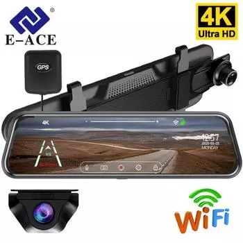 Автомобильный видеорегистратор-зеркало E-ACE 4K оснащено 10-дюймовым 4K-регистратором, задней камерой 1080P, интеллектуальной потоковой передачей и функцией ночного видения. No TF Card