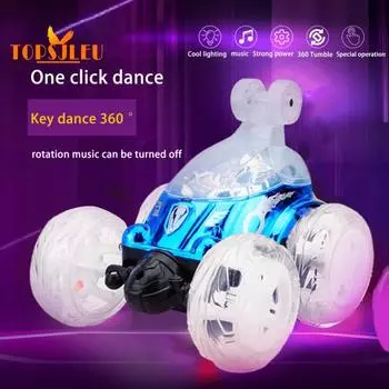 Автомобиль с дистанционным управлением и музыкой Красочные огни Переворачивающийся на 360 градусов трюк-самосвал Интерактивная игрушка Катящийся внедорожный гоночный автомобиль Игрушечный радиоуправляемый каскадерский автомобиль синий