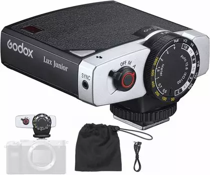Авторизованная вспышка Godox Lux Junior Retro для фотокамеры Strobe GN12 6000K с фокусным расстоянием 28 мм, совместимая с Sony Canon Nikon Fuji Olympus [Godox