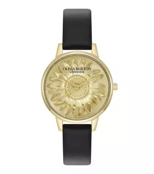 Авторизованный дистрибьютор Olivia Burton Watch Ladies 24000222 3D Flower Midi Gold Black Leather [OLIVIA BURTON]