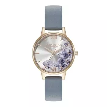 Авторизованный дистрибьютор Olivia Burton Watch Ladies 24000227 Illustrated Floral Midi Ivory Rose Gold Chalk Blue Leather [OLIVIA BURTON]
