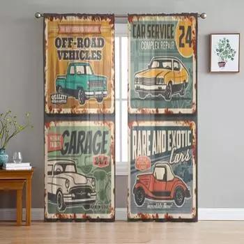 Автосервис, механик, техническое обслуживание и ремонт автомобилей, ржавые металлические пластины, тюлевые прозрачные шторы, вуаль для гостиной, занавеска из органзы 135W x 114H(cm)