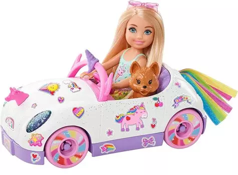 Аксессуар для автомобиля Barbie Chelsea Dreamy Unicorn для возрастной группы и GXT41 [Кукла-наряд] [Кукла, транспортное средство, игровой набор] [3 шт.]